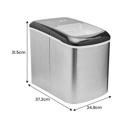 Stainless steel ice maker with dimensions labeled on a white background