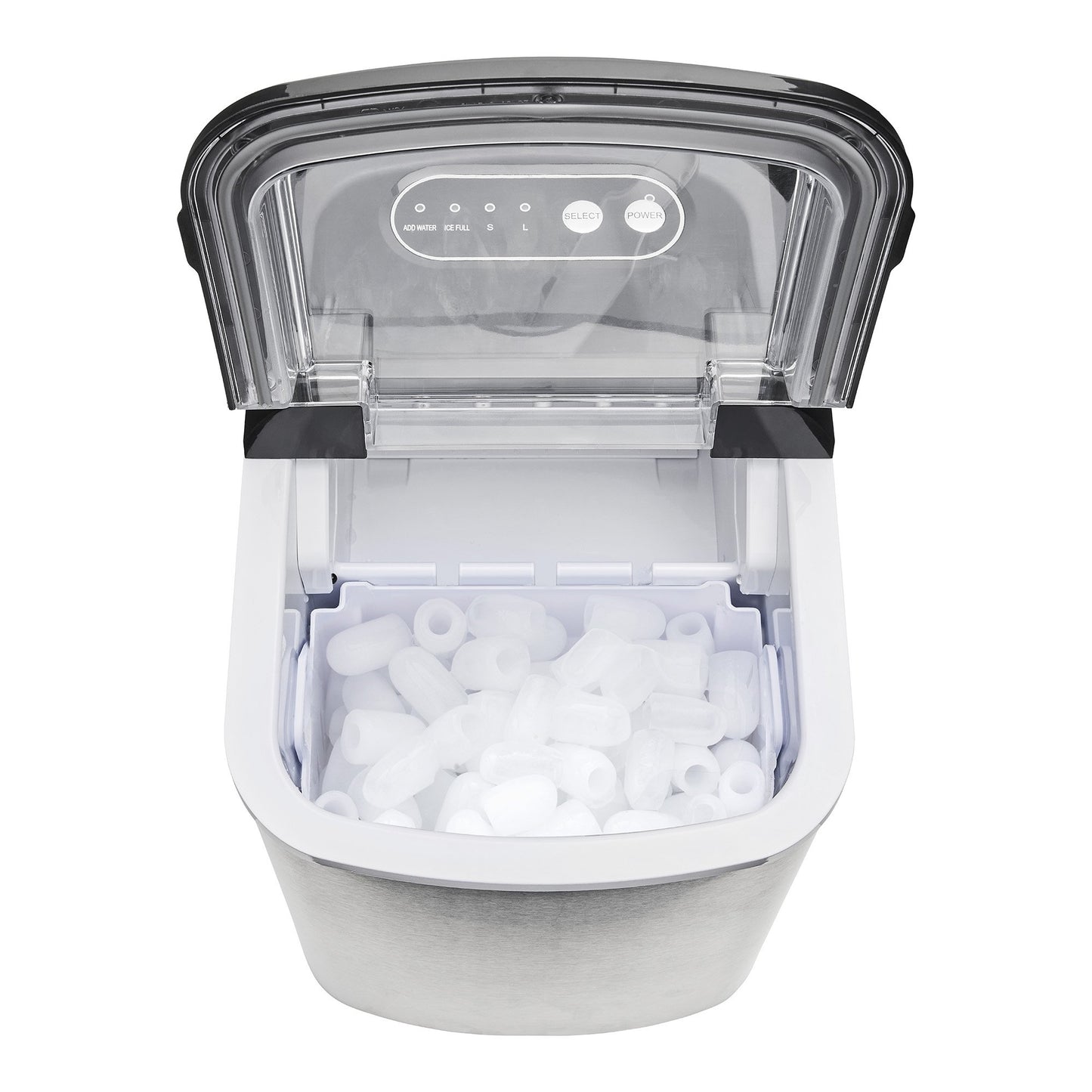 Portable ice maker with a clear lid showing ice cubes inside on a white background