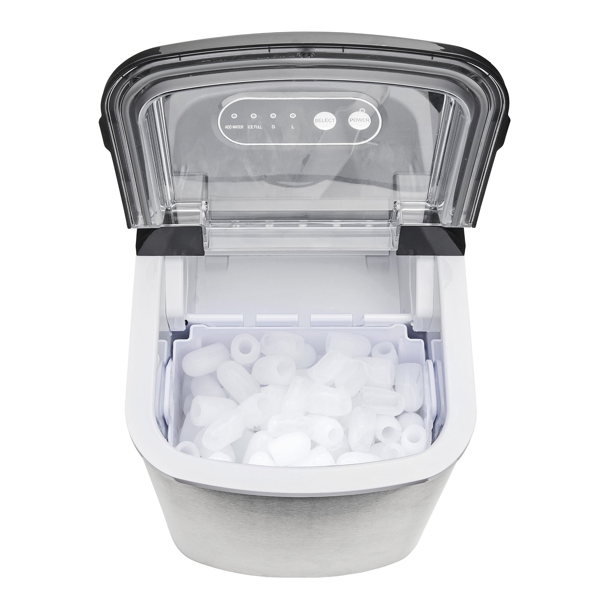 Portable ice maker with a clear lid showing ice cubes inside on a white background