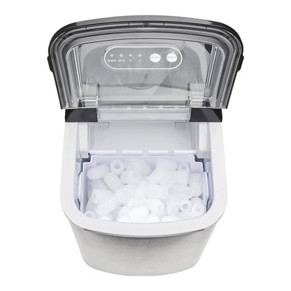 Portable ice maker with a clear lid showing ice cubes inside on a white background