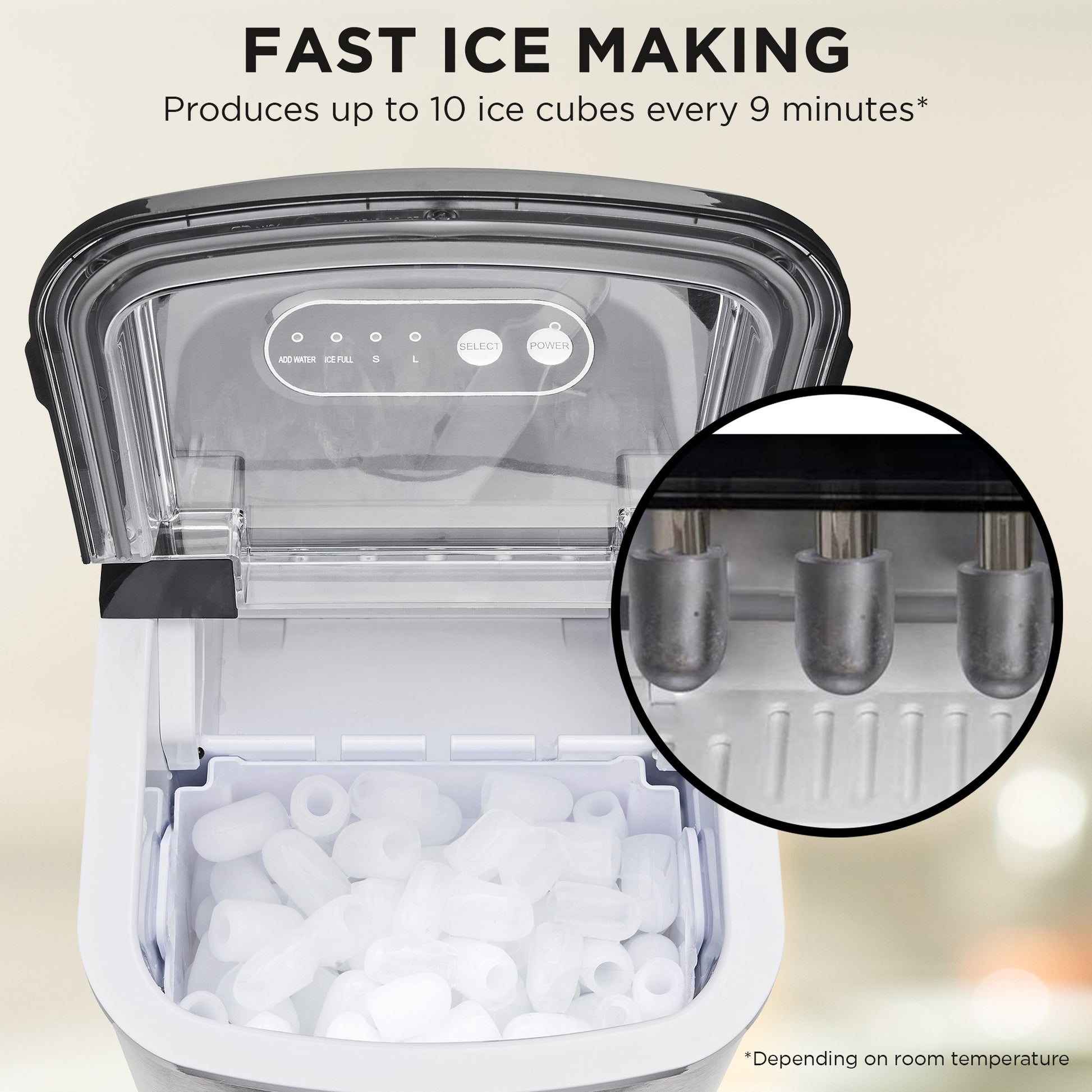 Ice maker with ice cubes and text indicating fast ice making capability