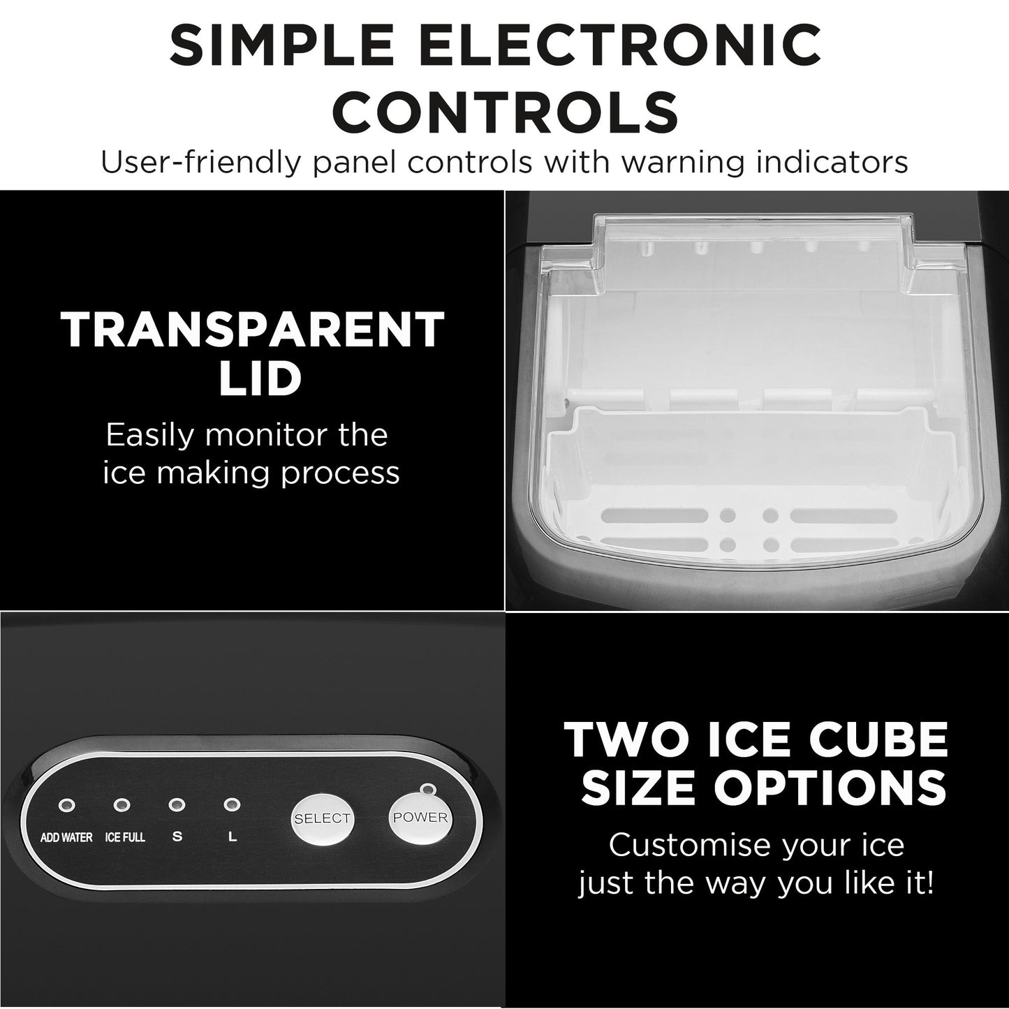 Ice maker with control panel and transparent lid on a black background