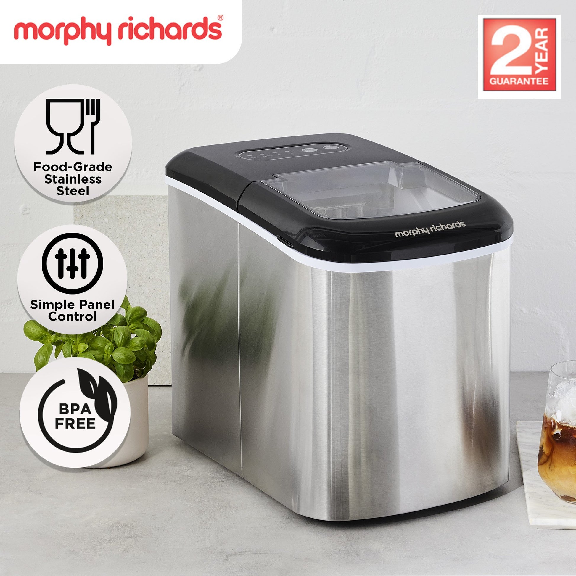Morphy Richards ice maker with features highlighted on a light background
