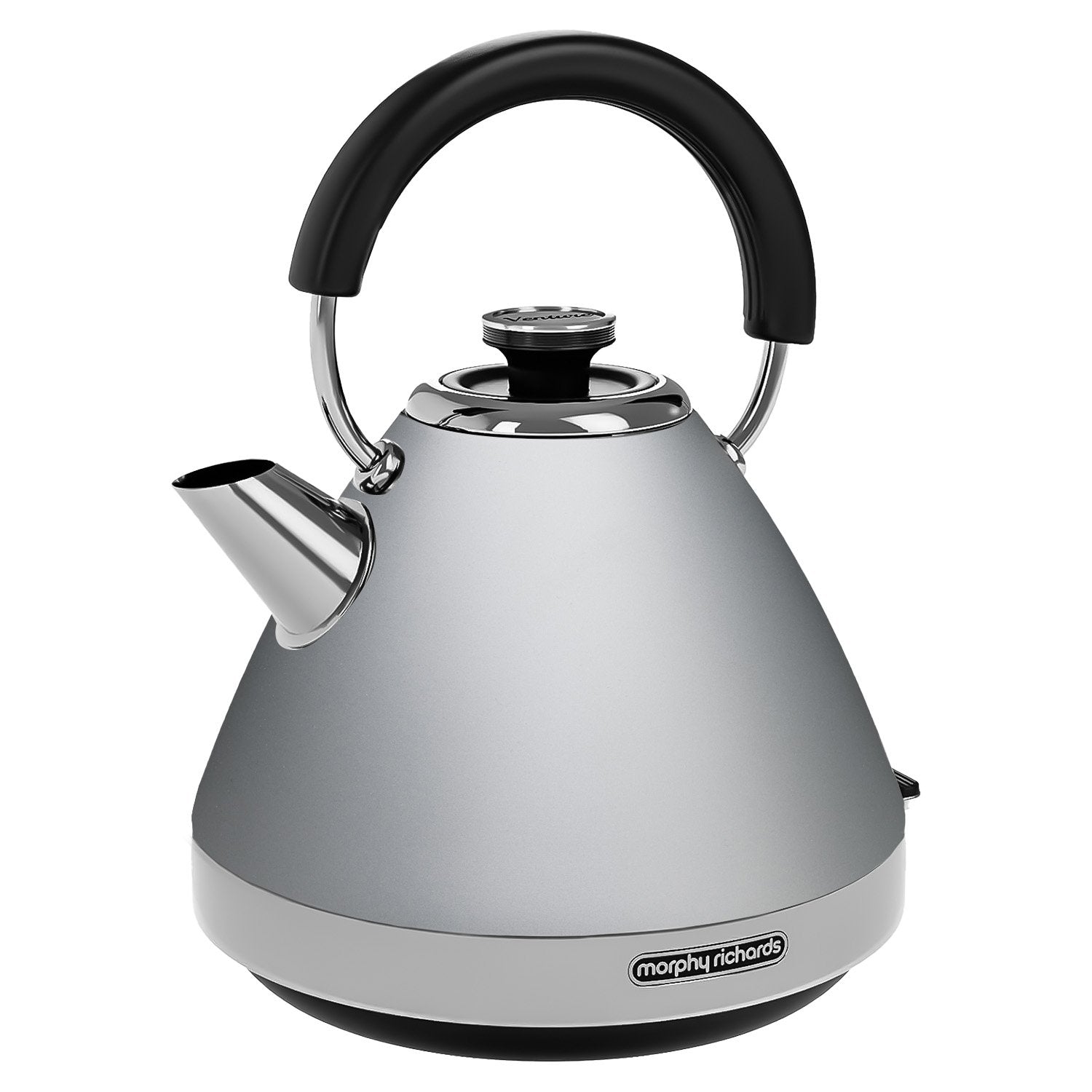 Silver kettle with black handle on a white background