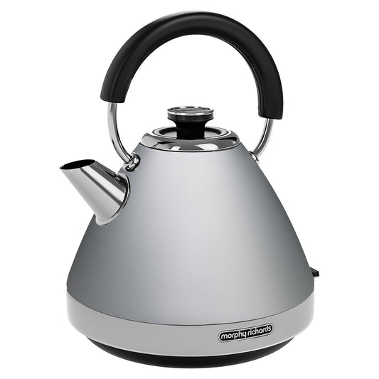 Silver kettle with black handle on a white background