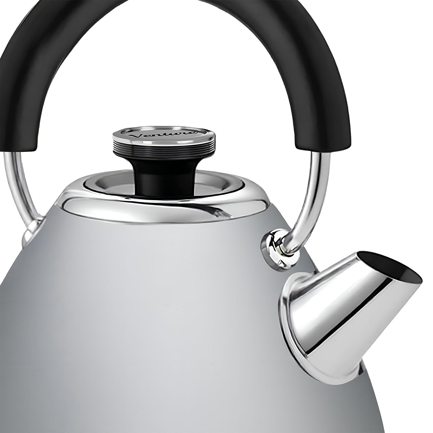 Silver kettle with black handle and lid knob on a white background