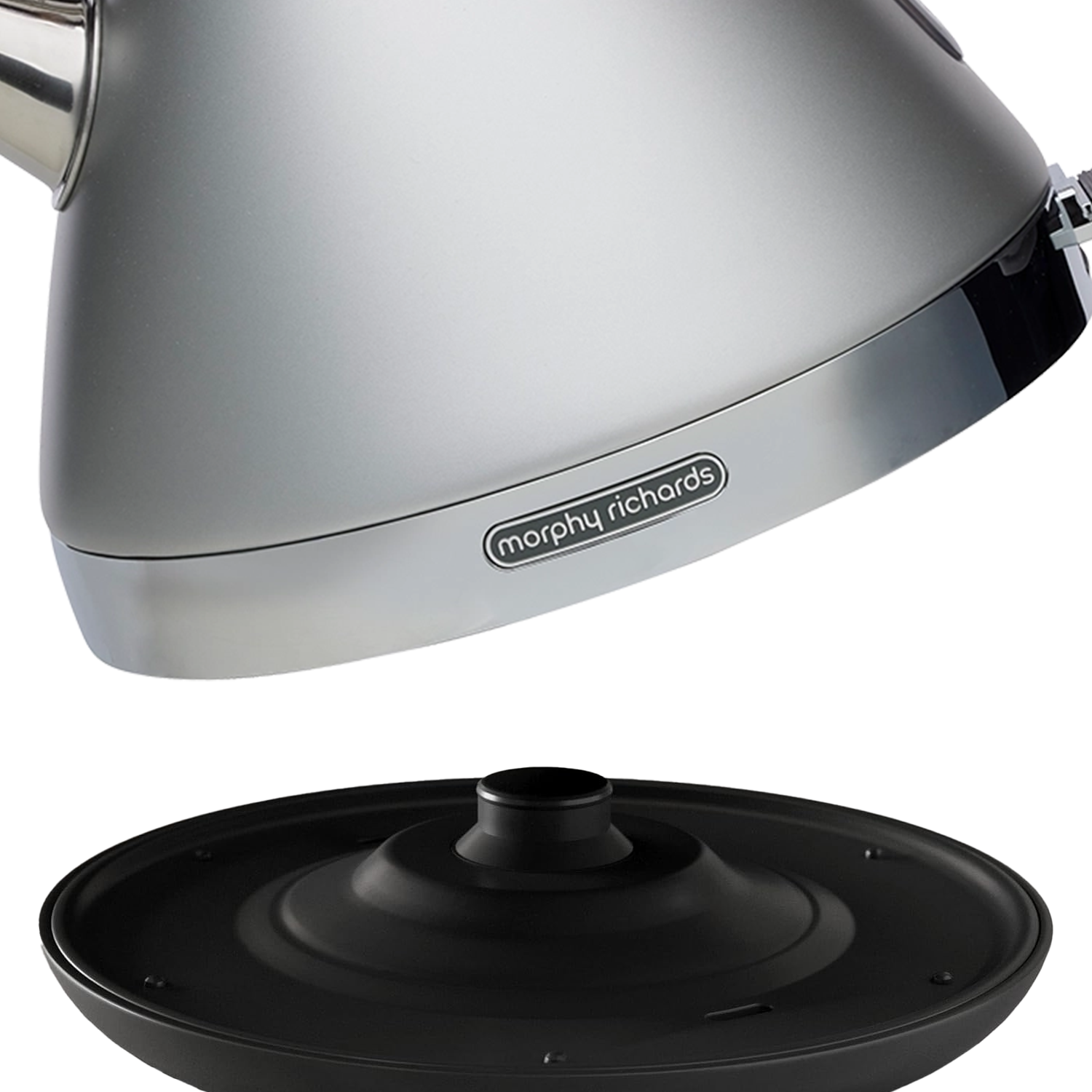 Gray Morphy Richards kettle with black lid on a white background