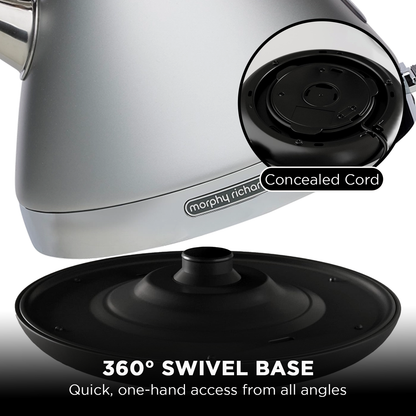 Morphy Richards kettle with 360-degree swivel base and concealed cord feature.