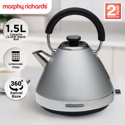 Silver Morphy Richards kettle with black handle on a white background