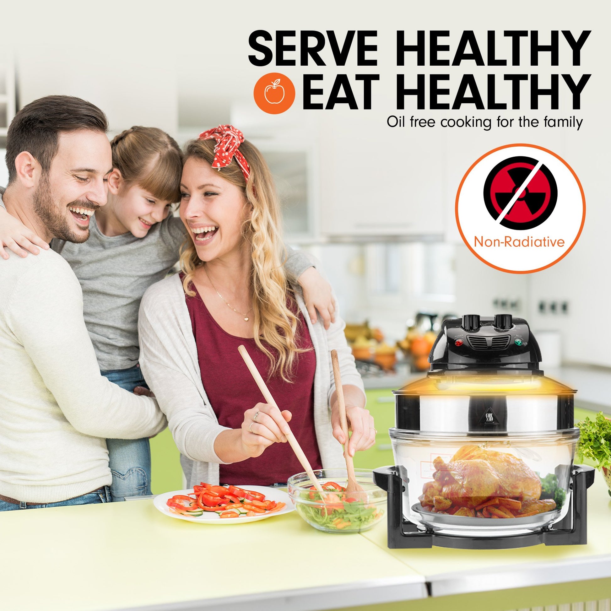 Family cooking together with a health-focused product in the foreground