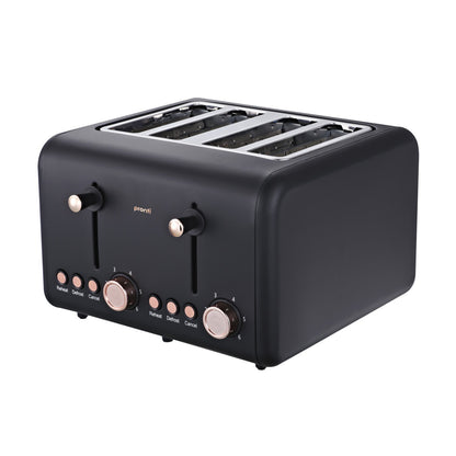 Black toaster with control panel on a white background