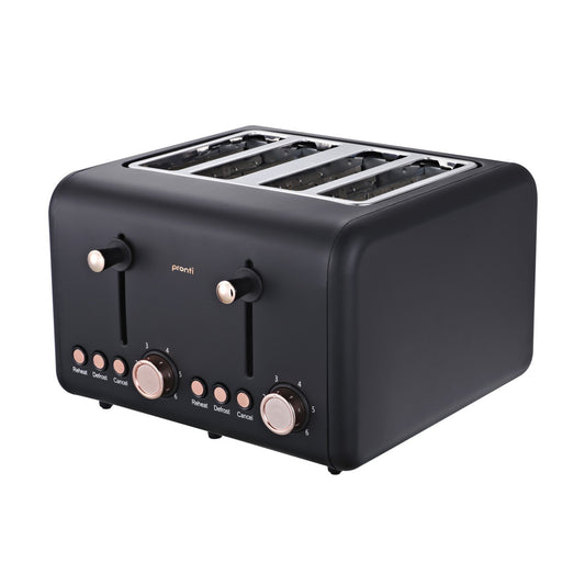 Black toaster with control panel on a white background