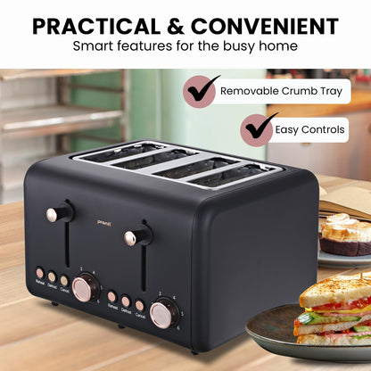 Black toaster with removable crumb tray and easy controls on a kitchen counter.
