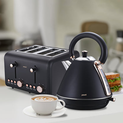 Black toaster and kettle with a cup of coffee on a kitchen counter.