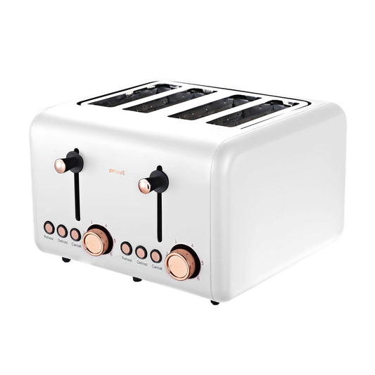 White toaster with rose gold accents on a white background