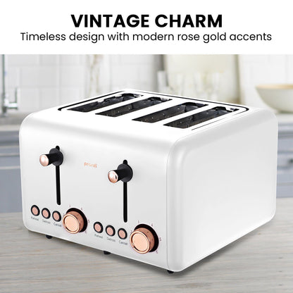 White toaster with rose gold accents on a wooden surface, labeled 'Vintage Charm'.