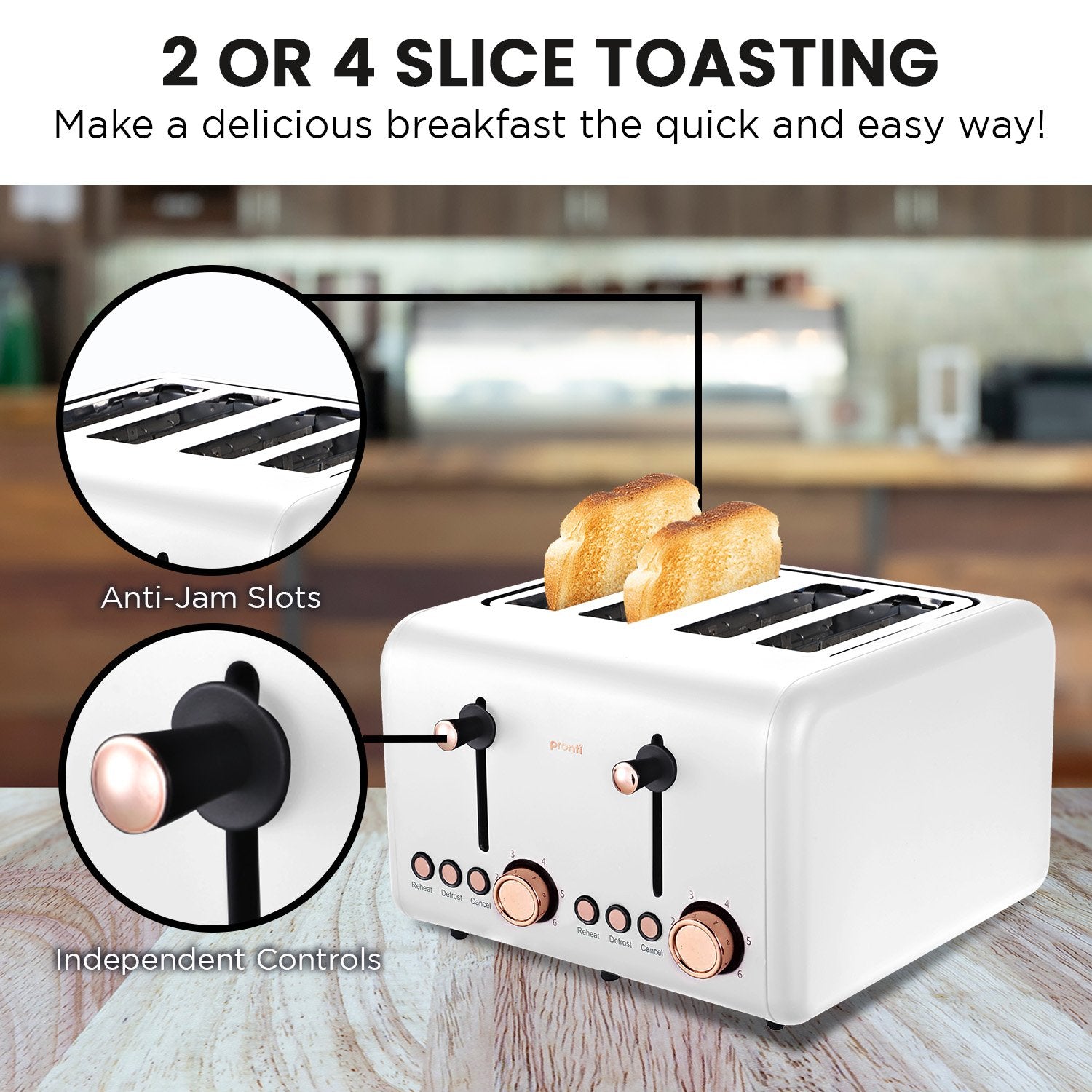 White toaster with rose gold accents on a wooden surface, featuring text about toast options and features.
