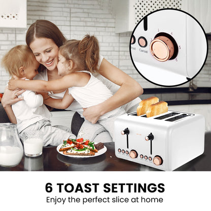 Woman and children in a kitchen with a toaster and toast, emphasizing 6 toast settings.