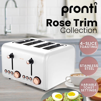 White toaster with rose gold accents on a kitchen counter, featuring the Pronti brand.