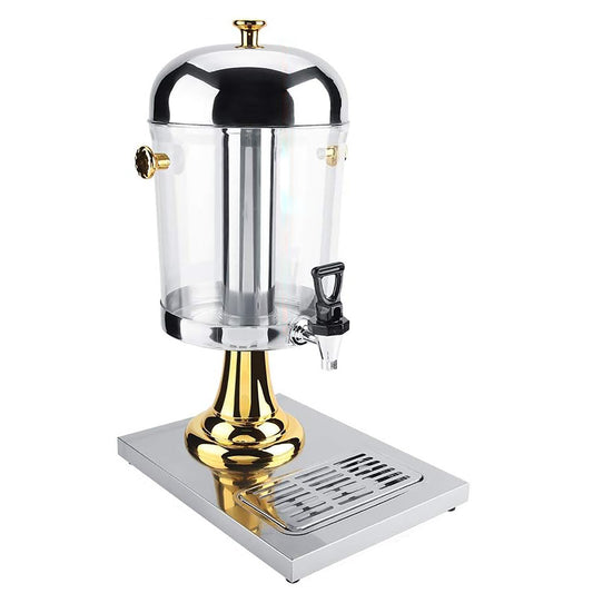 Decorative drink dispenser with gold and silver accents on a white background