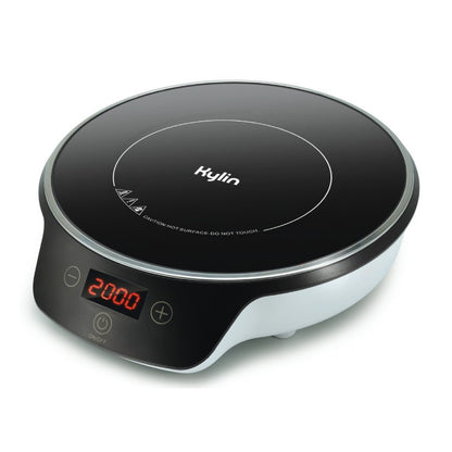Black portable electric hot plate with digital display on a white background