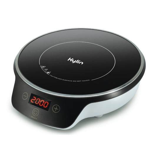Black portable electric hot plate with digital display on a white background