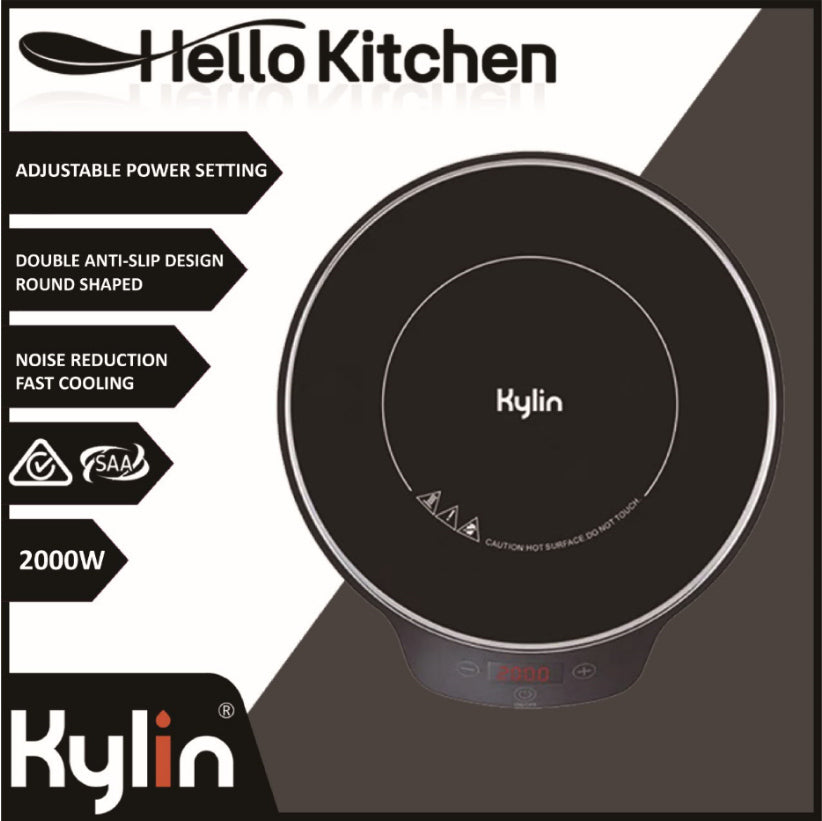 Kylin induction cooktop with Hello Kitchen branding and feature list on a white background