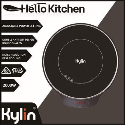 Kylin induction cooktop with Hello Kitchen branding and feature list on a white background
