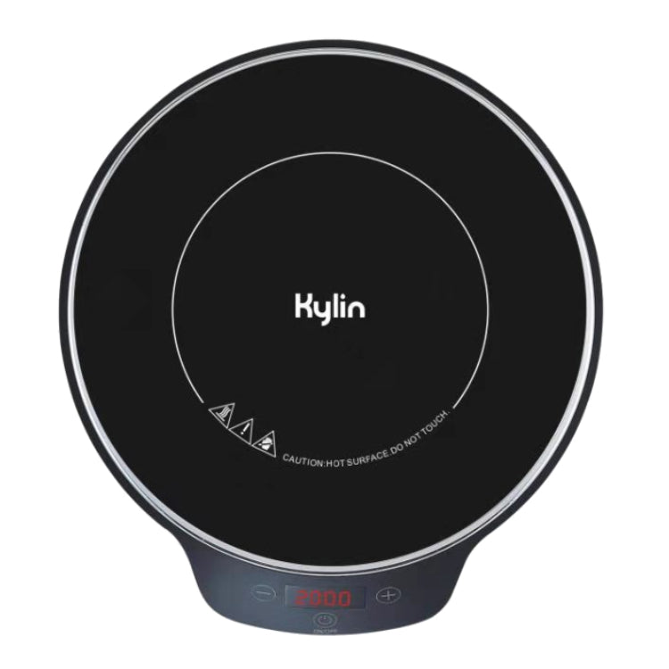 Black induction cooktop with Kylin branding on a white background