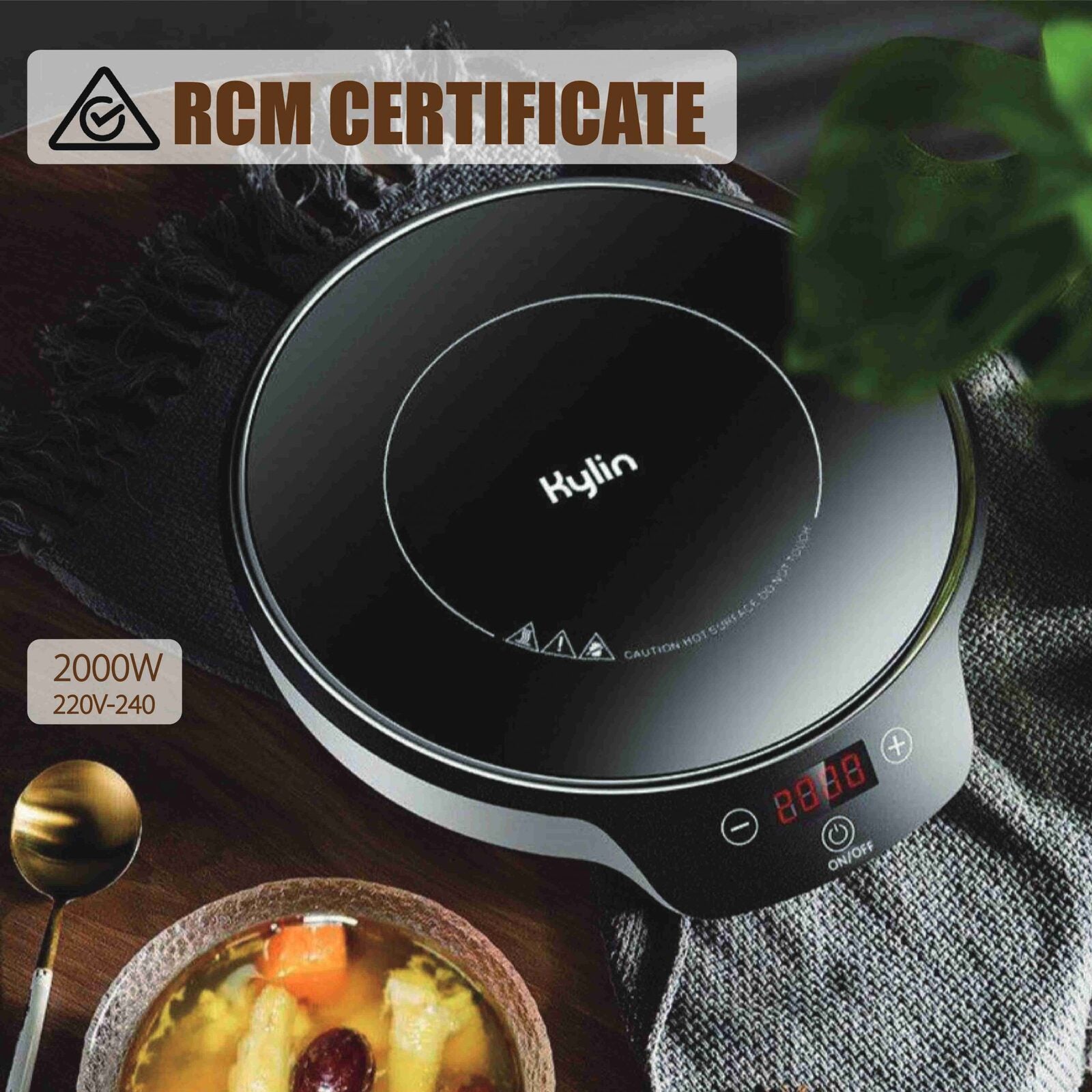 Induction cooktop with RCM certification label, brand 'Hulin', and food on a table.