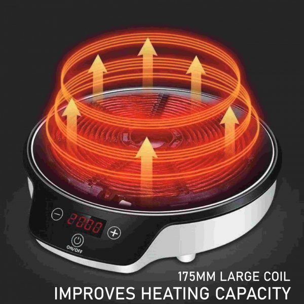 Heating element with digital display and text on a black background