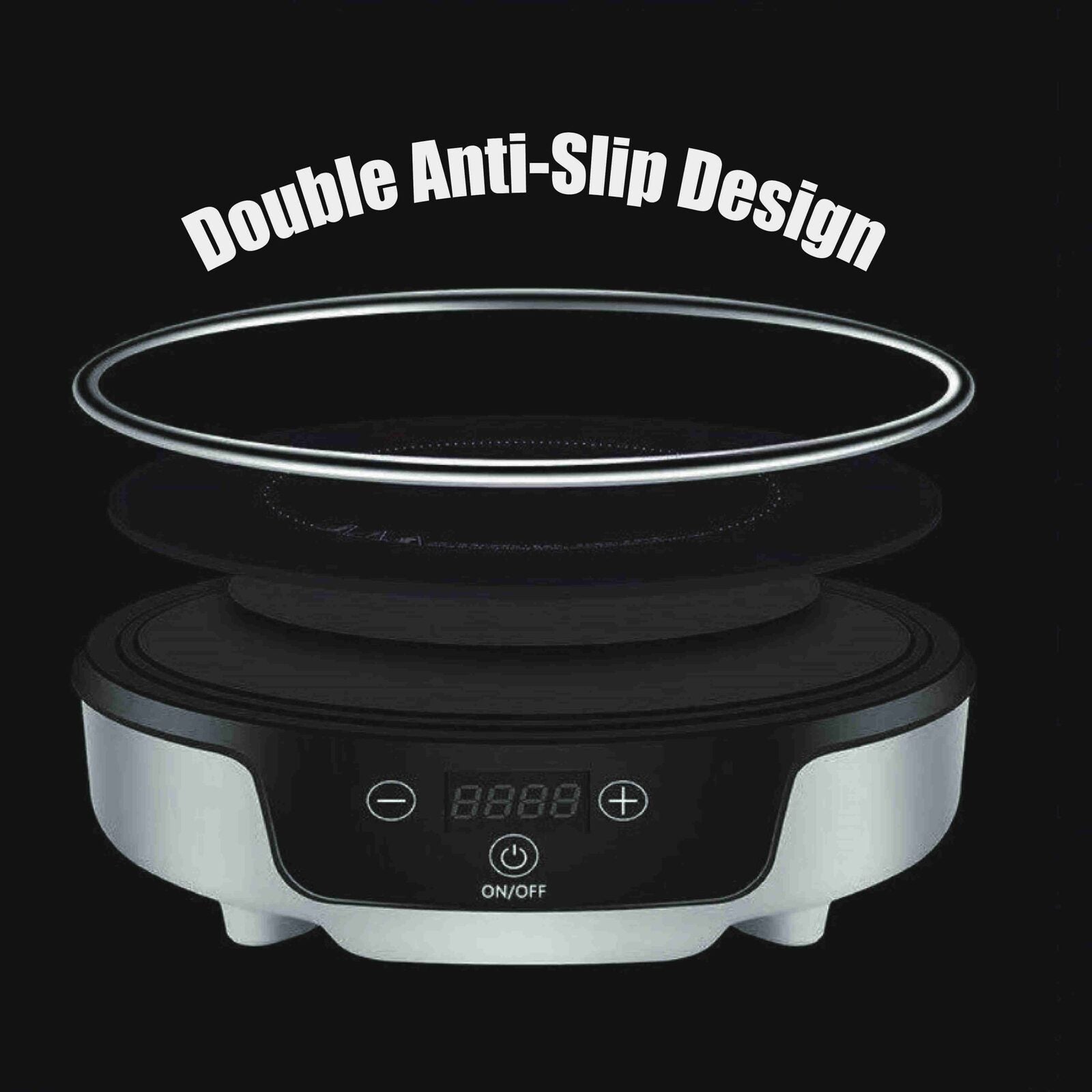 Portable electric hot plate with digital control panel on a black background