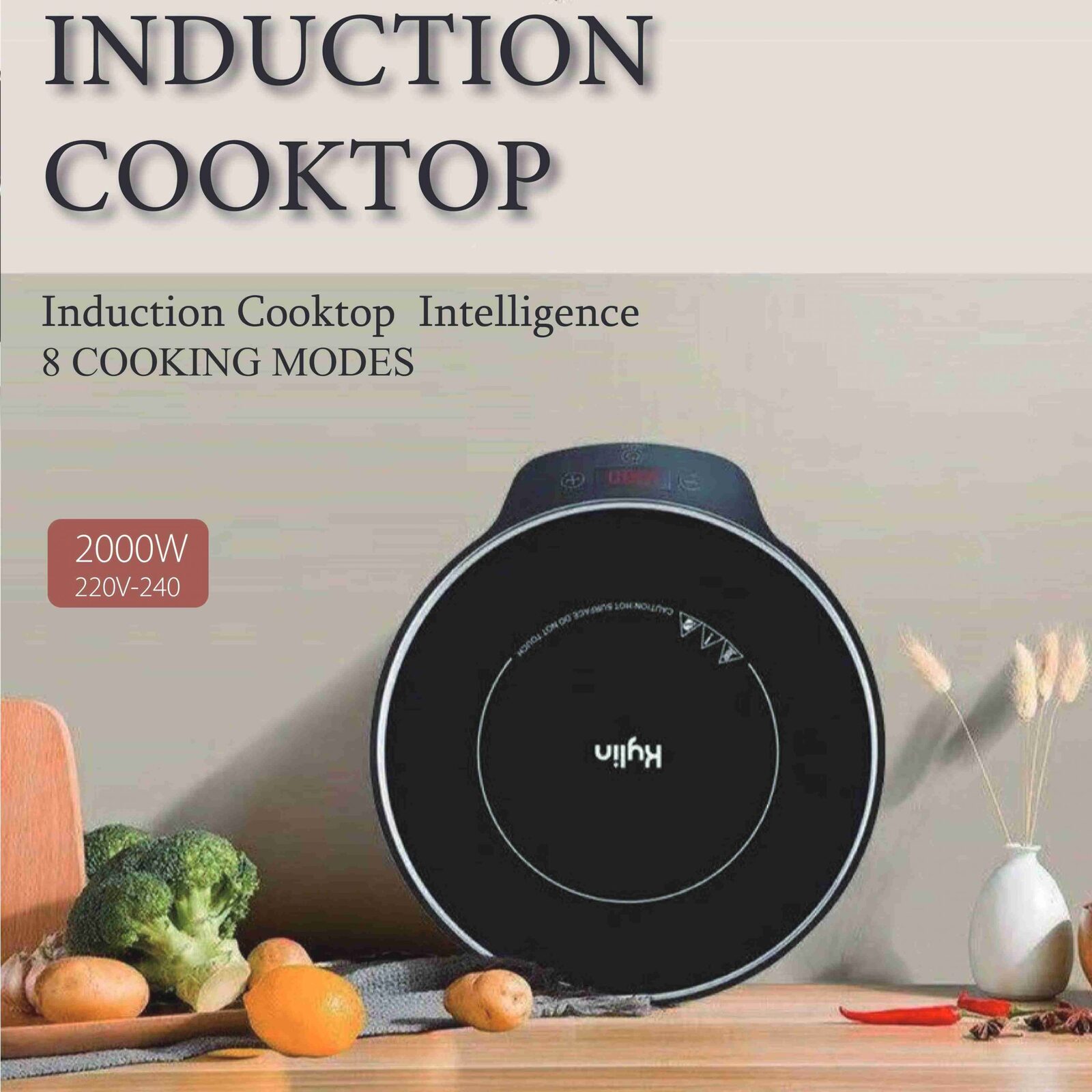 Induction cooktop with cooking modes and power rating on a kitchen counter.