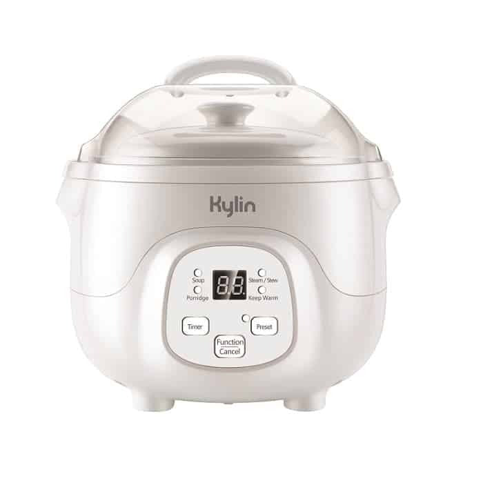 White rice cooker with digital display on a white background