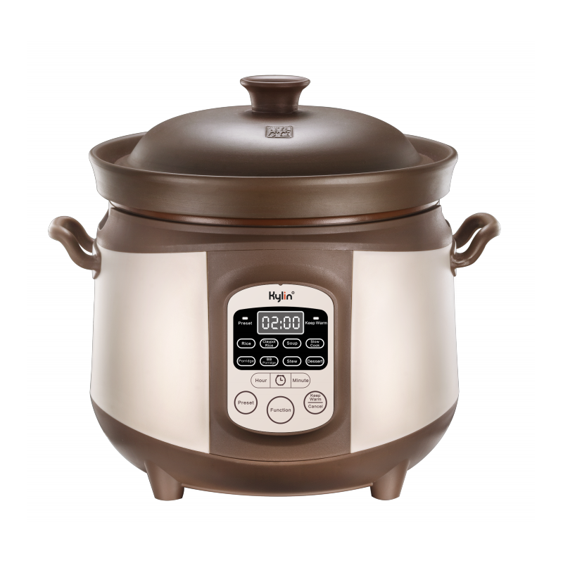 Brown and silver electric pressure cooker with digital display on a white background