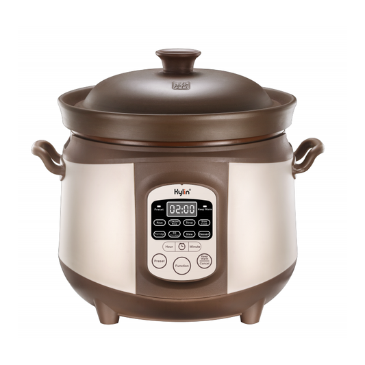 Brown and silver electric pressure cooker with digital display on a white background