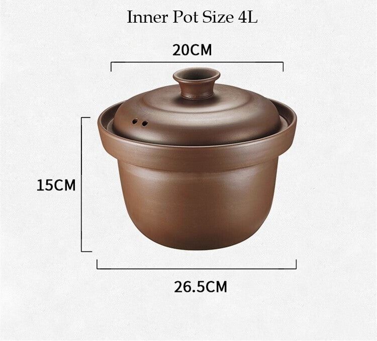 Brown ceramic pot with lid and dimensions on a white background