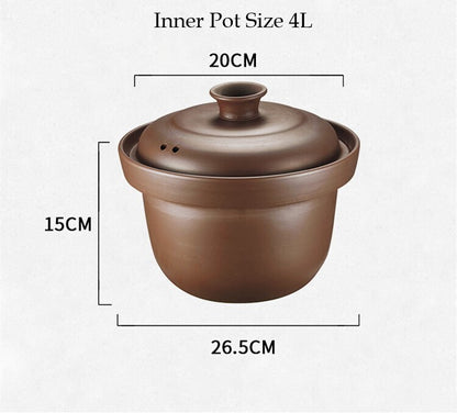 Brown ceramic pot with lid and dimensions on a white background