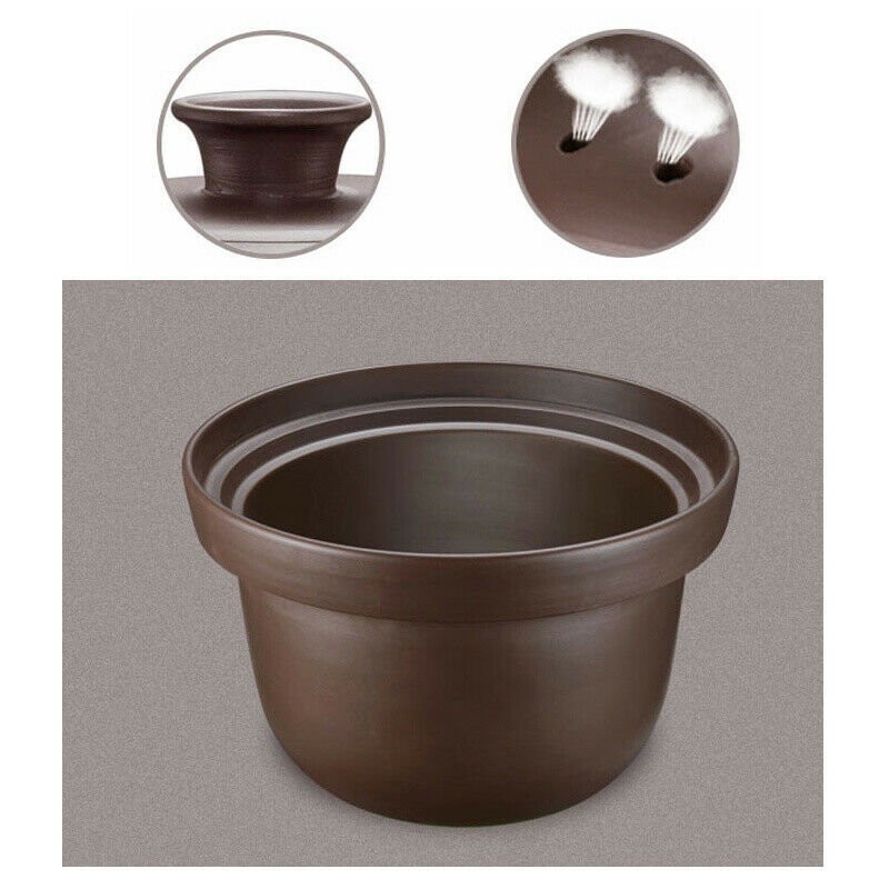 Brown planter pot with close-up insets on a gray background