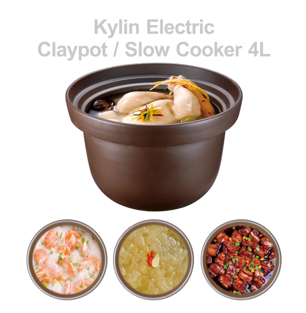 Kylin Electric Claypot Slow Cooker 4L with sample dishes on a white background