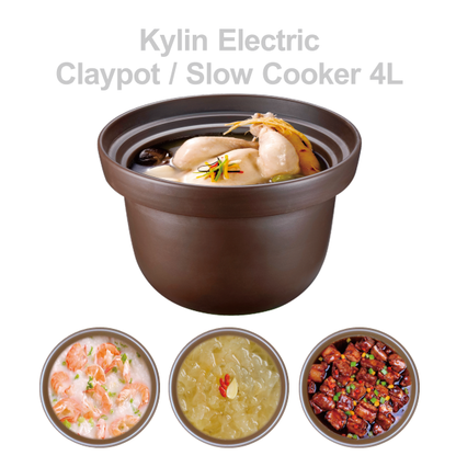 Kylin Electric Claypot Slow Cooker 4L with sample dishes on a white background