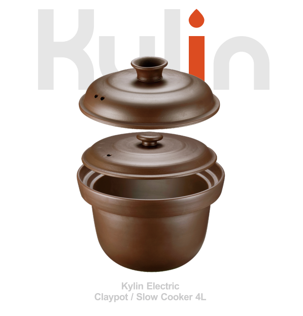 Brown electric claypot/slow cooker with 'Kylin' branding on a white background
