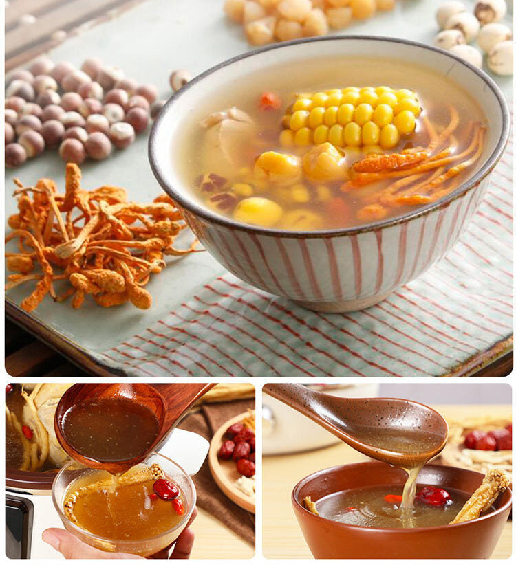 Bowl of soup with corn and other ingredients, surrounded by dried mushrooms and beans on a textured surface.