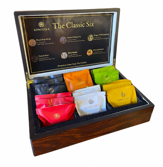 Tea box with 'The Classic Six' Long's Tea packaging on a white background