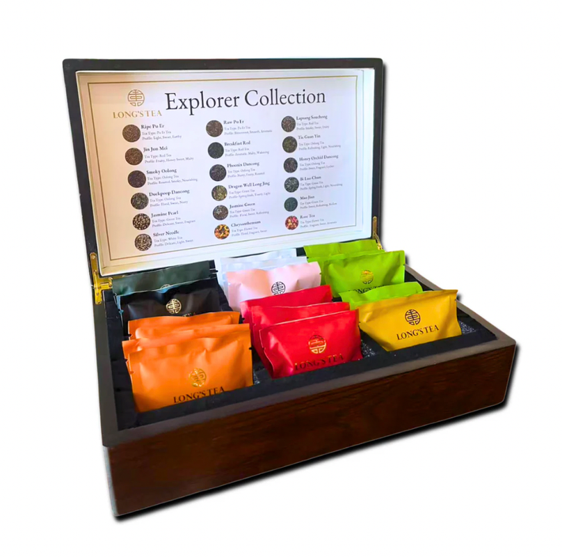 LongYTea Explorer Collection with colorful tea bags in a wooden box