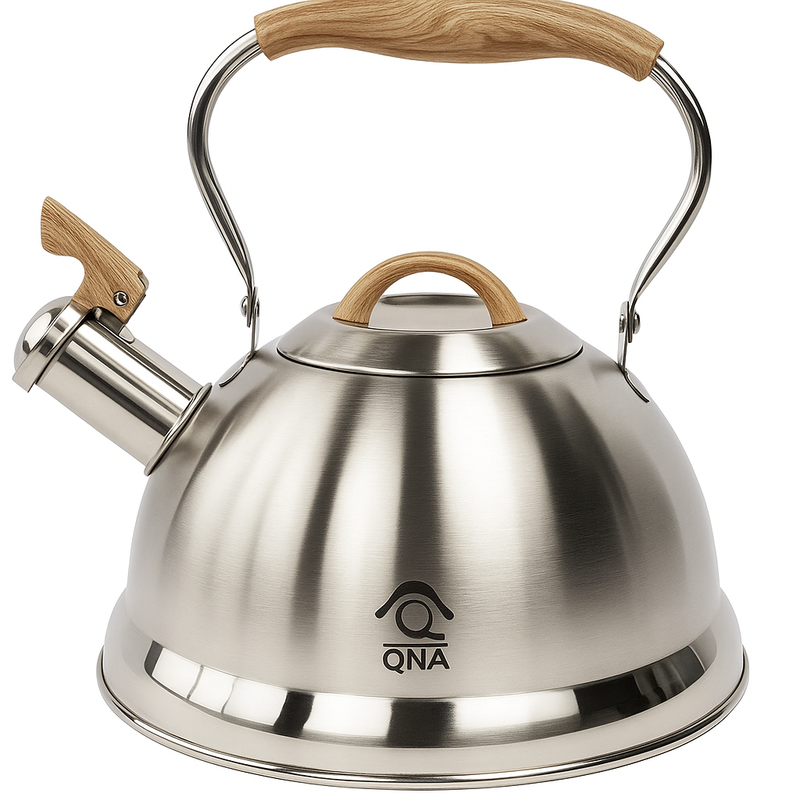 Stainless steel kettle with wooden handles on a white background