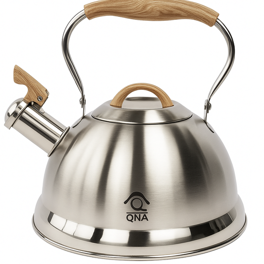 Stainless steel kettle with wooden handles on a white background