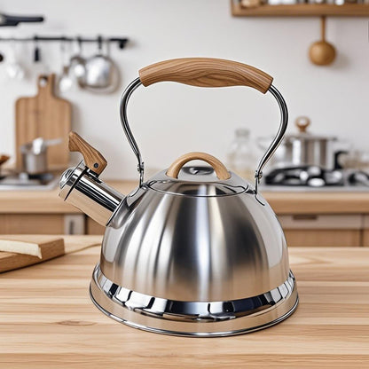 Stainless steel kettle with wooden handles on a kitchen counter