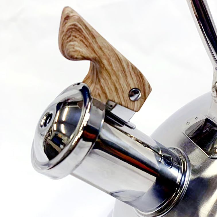 Metallic object with wooden handle on a white background