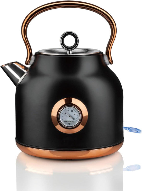 Black electric kettle with copper accents on a white background